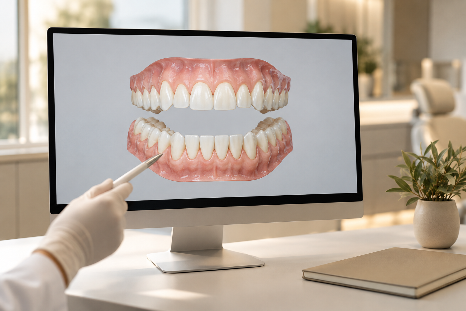 O planejamento dos dentes na tela do computador, durante a consulta.