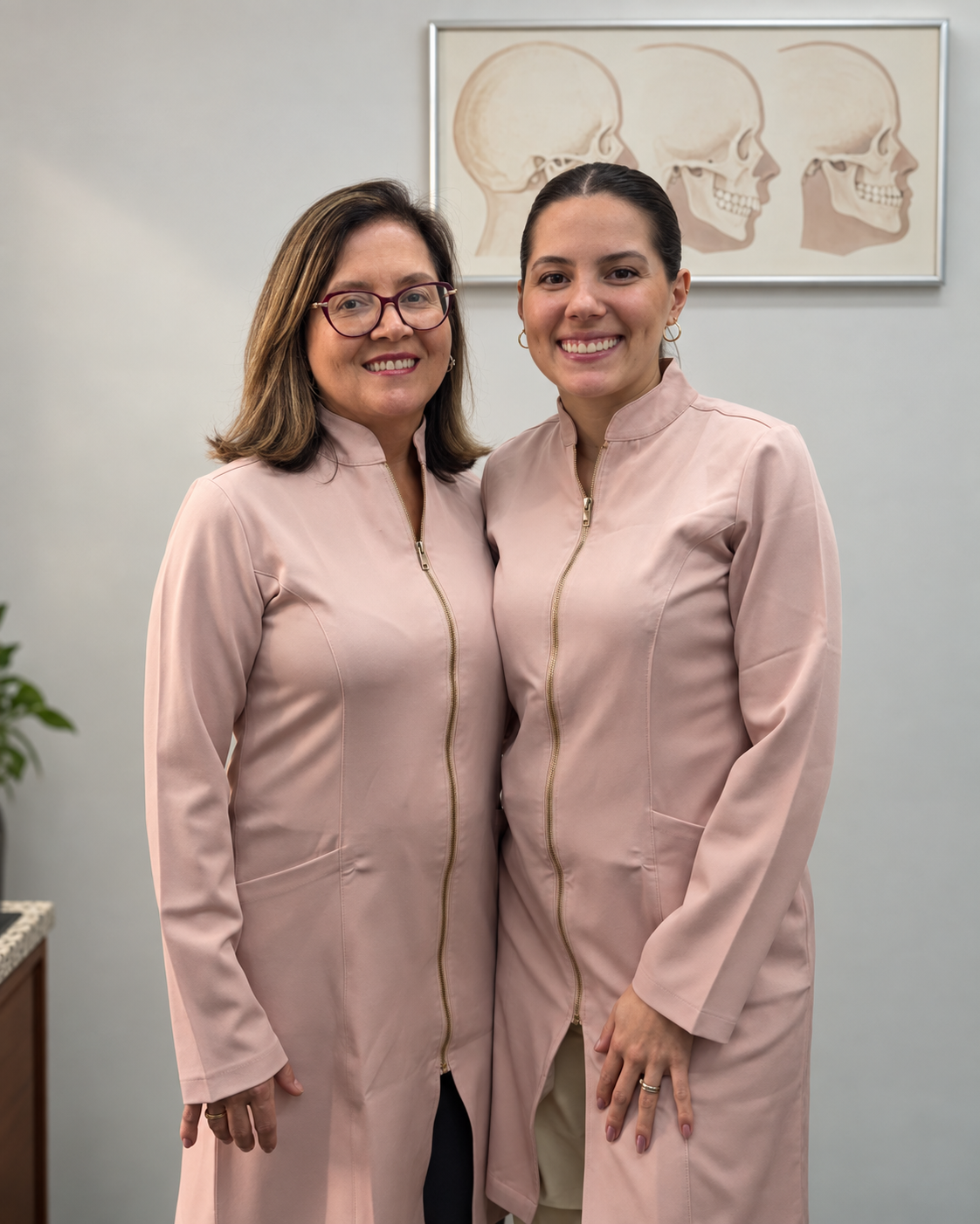 Dra. Gláucia Paixão e a filha, Letícia, de jaleco rosa no consultório.