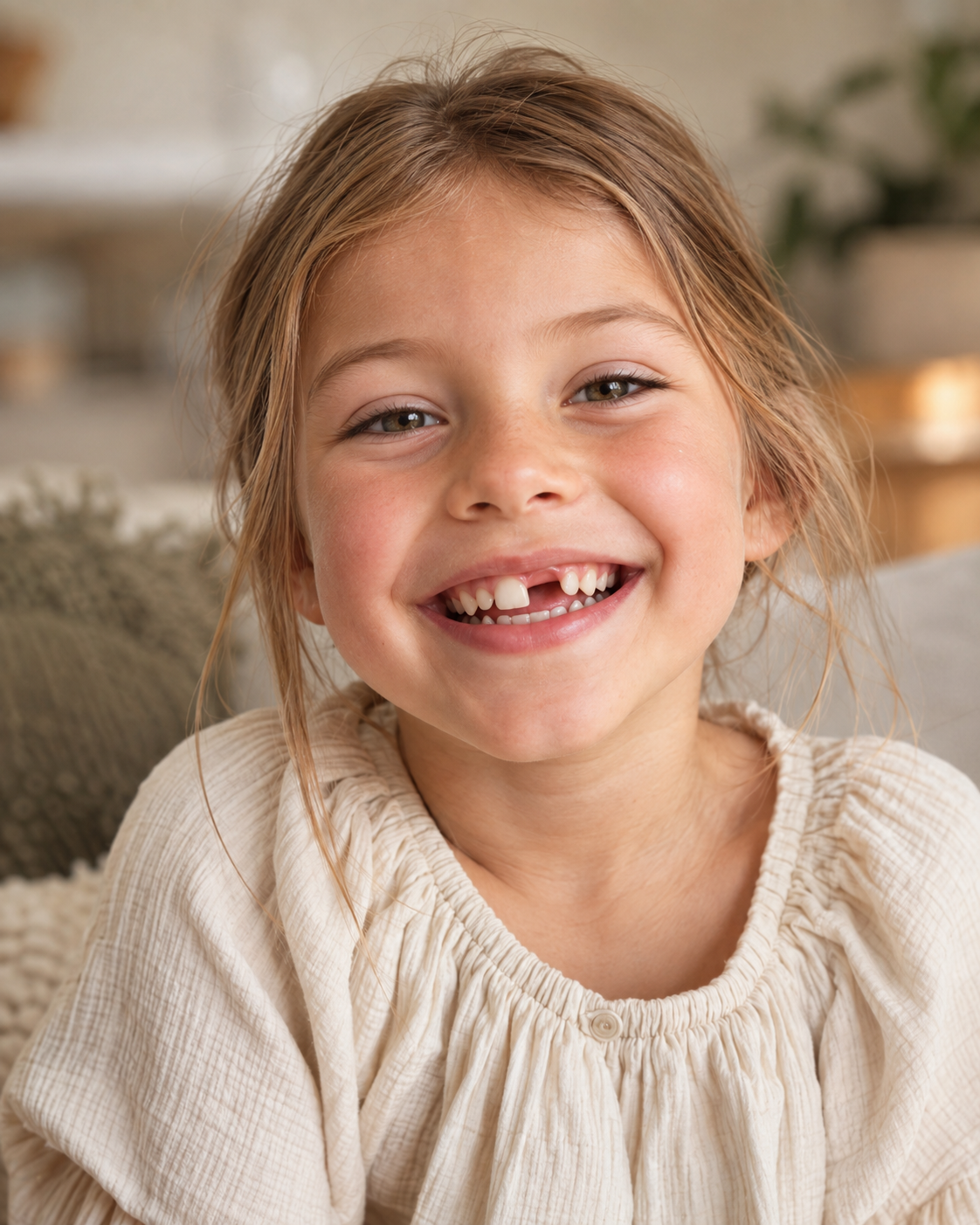 Criança sorrindo com dentes de leite e dentes novos juntos.