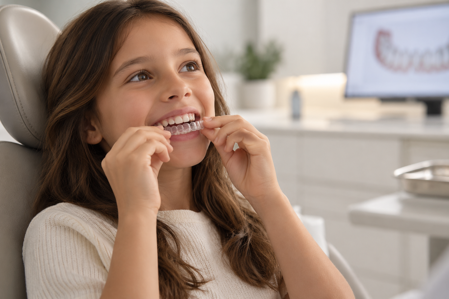 Criança na fase da troca dos dentes usando aparelho móvel.
