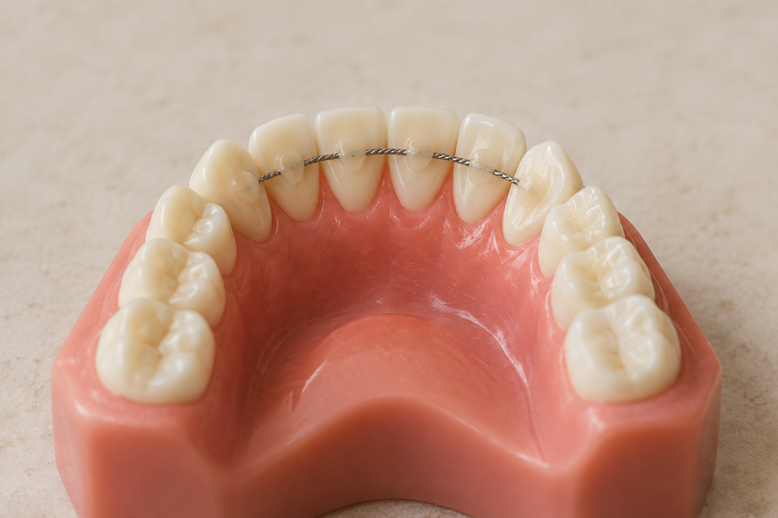 Fio de contenção colado atrás dos dentes de baixo.